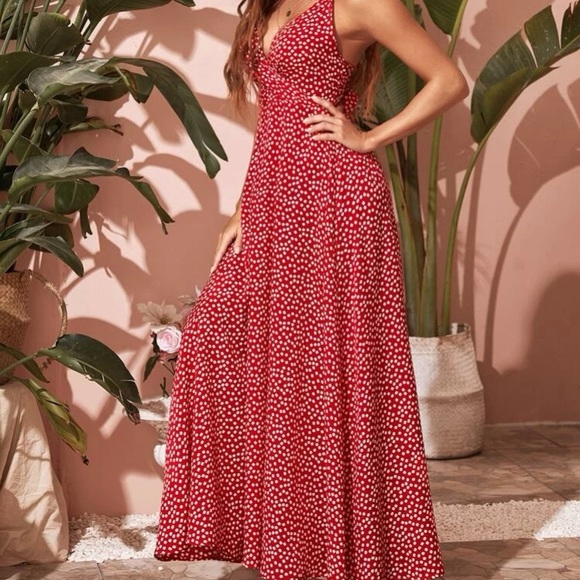 Boho red floral print open tie back back maxi dress - Picture 5 of 5